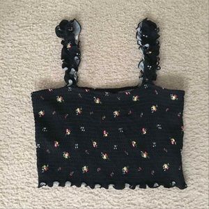 Forever21 Black Ruffled- Sleeve Floral Print Crop Top